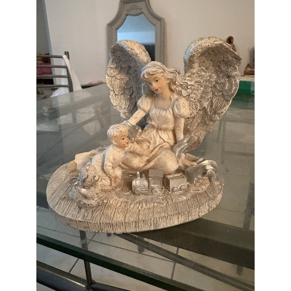 Guardian Angel Watching Over Child Playing Toys Statue Figurine Silver Glitter
